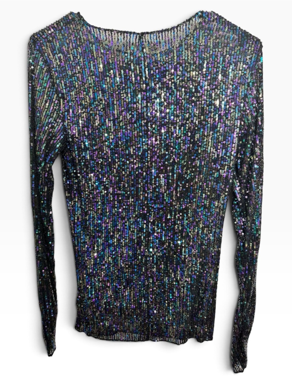 Free People Iridescent Sequin Long Sleeve Top Blouse (Black Combo / S) - Picture 3 of 4